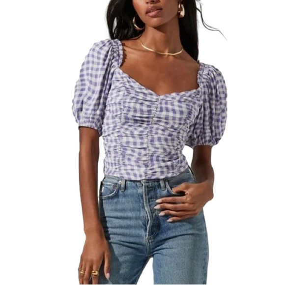ASTR THE LABEL Blue Purple Gingham Women’s small smocked puff sleeve top NWT - Picture 1 of 6